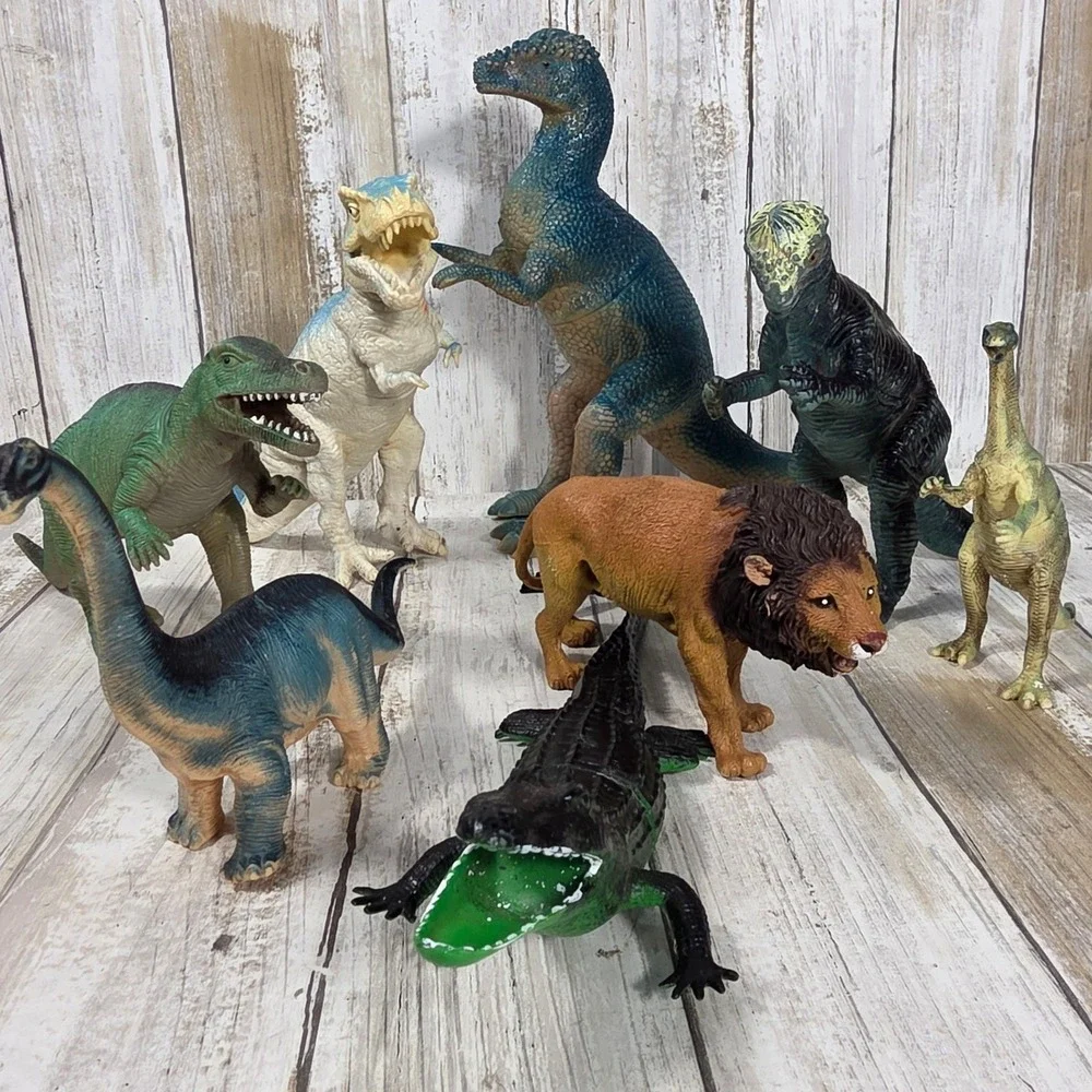 Vintage Style Dinosaur and Wild Animal Toy Figure Lot T-Rex Lion Crocodile 8pc